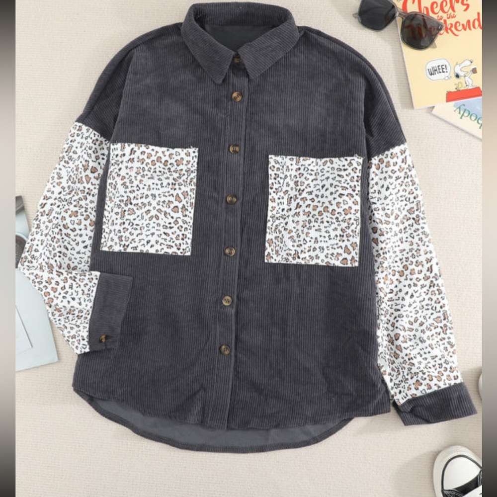 Leopard Accent Corduroy Button-Down Shirt in Charcoal - Picture 2 of 4